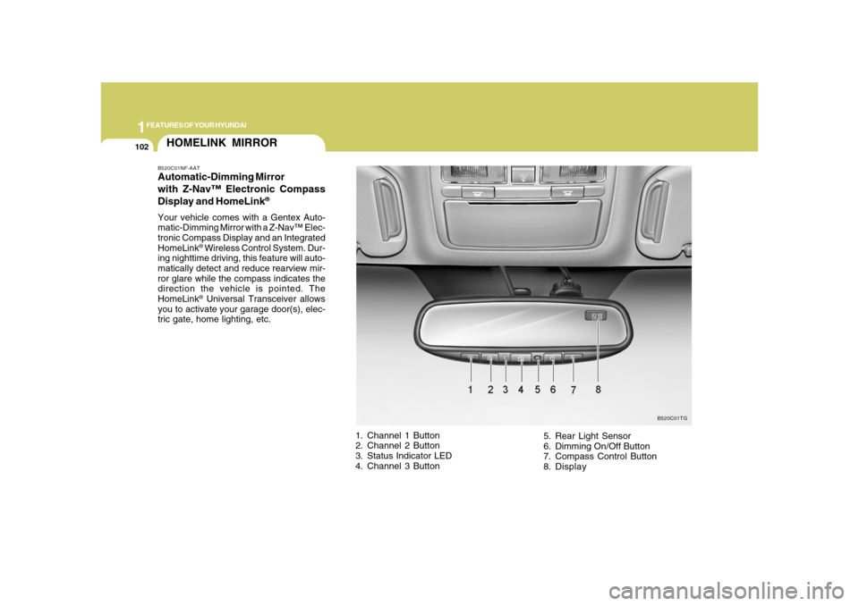 Hyundai Azera 2008 User Guide 1FEATURES OF YOUR HYUNDAI
102
HOMELINK MIRRORB520C01NF-AATAutomatic-Dimming Mirror
with Z-Nav™ Electronic Compass
Display and HomeLink
®
Your vehicle comes with a Gentex Auto-
matic-Dimming Mirror 