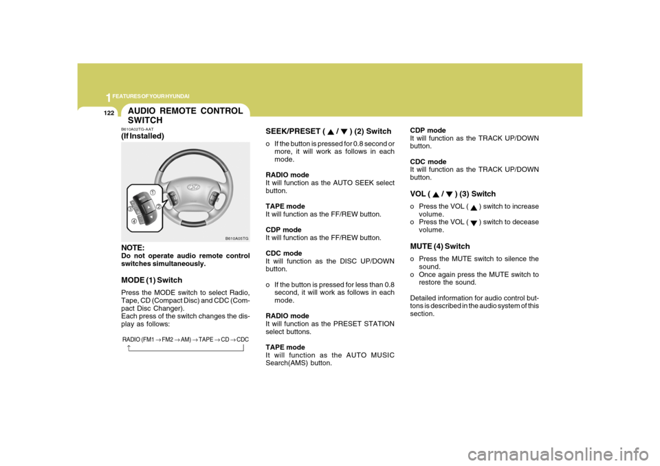 Hyundai Azera 2008  Owners Manual 1FEATURES OF YOUR HYUNDAI
122
AUDIO REMOTE CONTROL
SWITCHB610A02TG-AAT(If Installed)
NOTE:Do not operate audio remote control
switches simultaneously.MODE (1) SwitchPress the MODE switch to select Rad