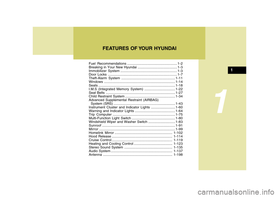 Hyundai Azera 2008  Owners Manual 1
Fuel Recommendations.................................................... 1-2
Breaking in Your New Hyundai......................................... 1-3
Immobilizer System.............................