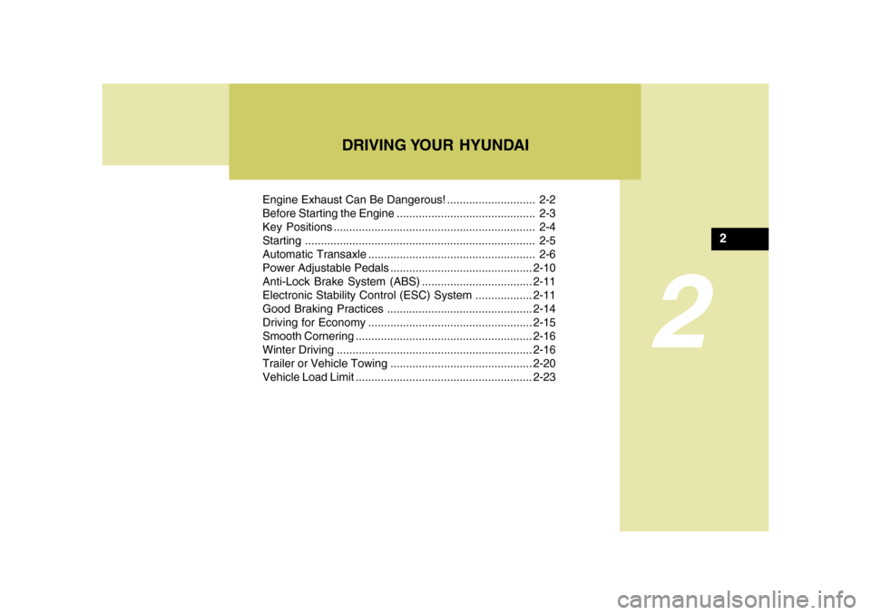 Hyundai Azera 2008  Owners Manual DRIVING YOUR  HYUNDAI
2
Engine Exhaust Can Be Dangerous! ............................ 2-2
Before Starting the Engine ............................................ 2-3
Key Positions ....................