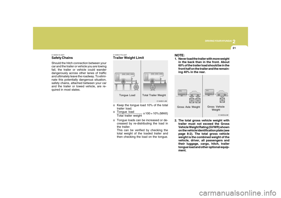 Hyundai Azera 2008  Owners Manual 2
DRIVING YOUR HYUNDAI
21
C190E02JM
Gross Axle WeightGross Vehicle
Weight2. The total gross vehicle weight with
trailer must not exceed the Gross
Vehicle Weight Rating (GVWR) shown
on the vehicle iden