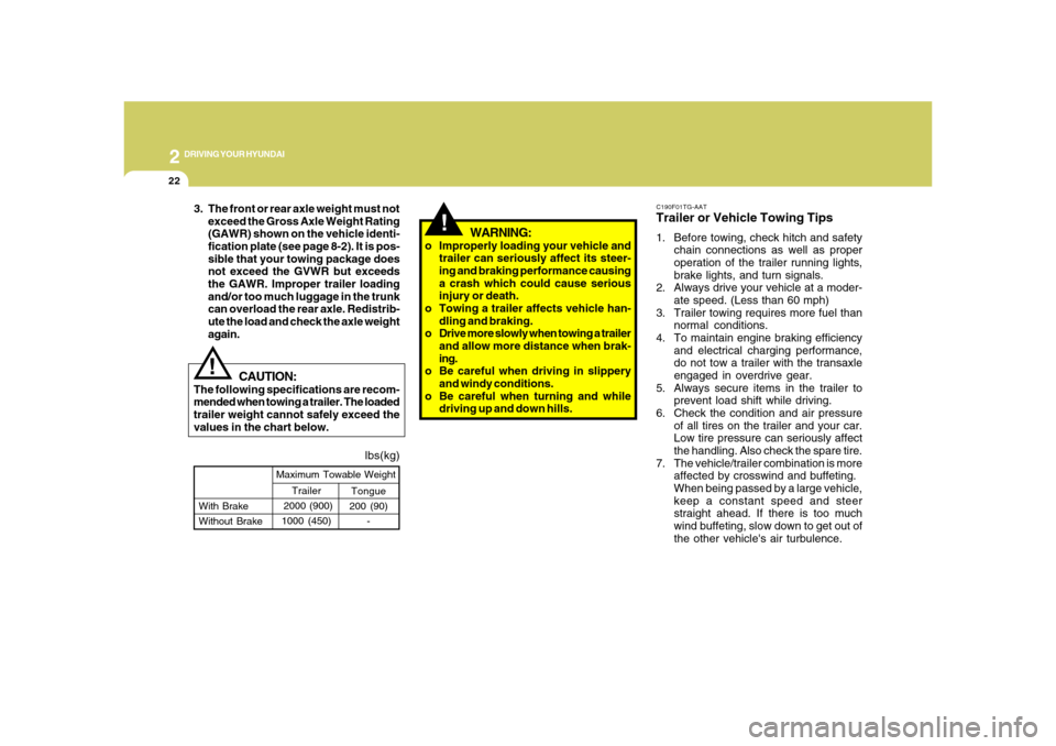 Hyundai Azera 2008  Owners Manual 2
DRIVING YOUR HYUNDAI
22
!
lbs(kg)
!
Tongue
200 (90)
- With Brake
Without BrakeMaximum Towable Weight
Trailer
 2000 (900)
1000 (450)
CAUTION:
The following specifications are recom-
mended when towin
