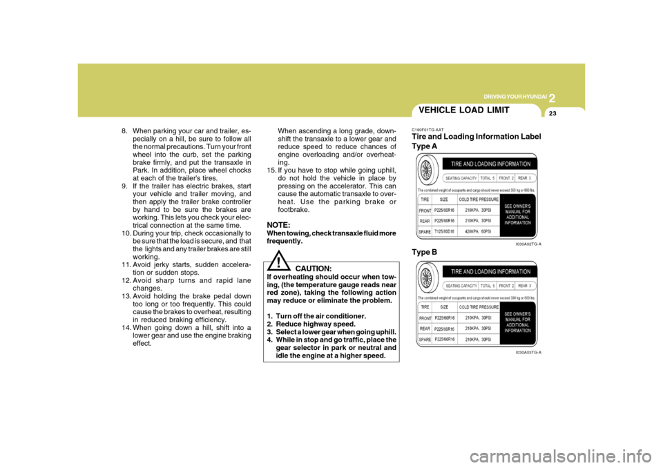 Hyundai Azera 2008 Owners Manual 2
DRIVING YOUR HYUNDAI
23
VEHICLE LOAD LIMITC190F01TG-AATTire and Loading Information Label
I030A02TG-AI030A03TG-A
Type A
Type B
8. When parking your car and trailer, es-
pecially on a hill, be sure t Hyundai Azera 2008 Owners Manual 2
DRIVING YOUR HYUNDAI
23
VEHICLE LOAD LIMITC190F01TG-AATTire and Loading Information Label
I030A02TG-AI030A03TG-A
Type A
Type B
8. When parking your car and trailer, es-
pecially on a hill, be sure t