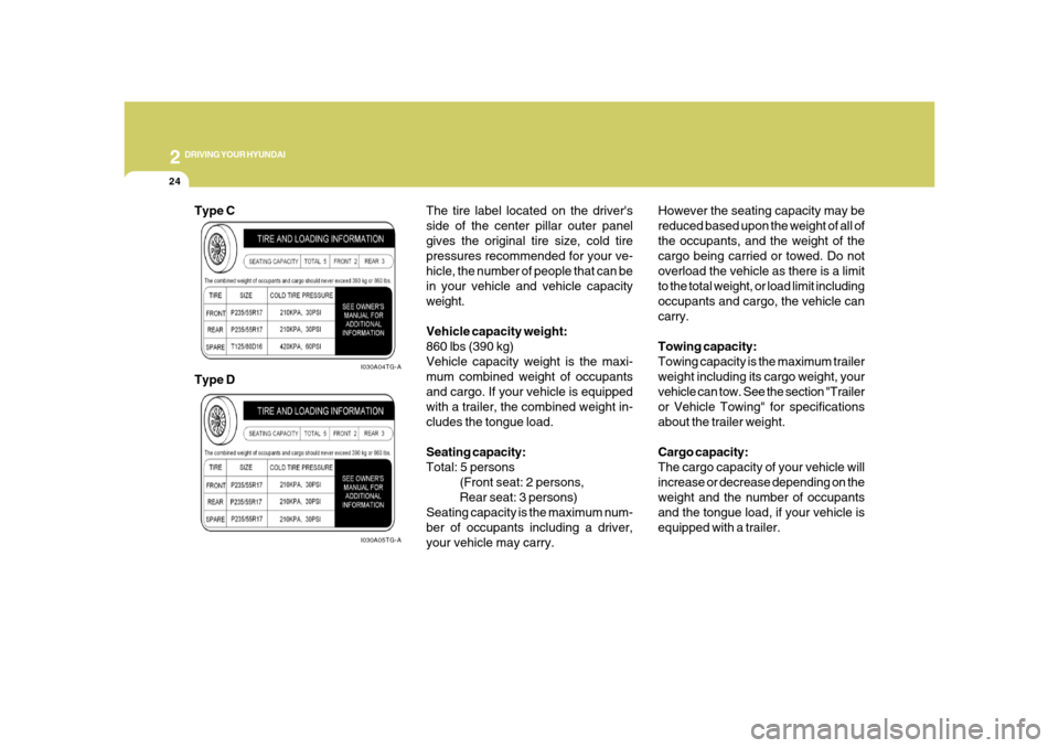 Hyundai Azera 2008  Owners Manual 2
DRIVING YOUR HYUNDAI
24
The tire label located on the drivers
side of the center pillar outer panel
gives the original tire size, cold tire
pressures recommended for your ve-
hicle, the number of p