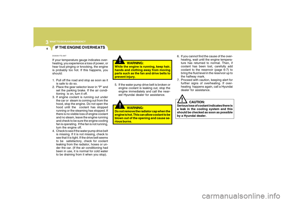 Hyundai Azera 2008  Owners Manual 34WHAT TO DO IN AN EMERGENCY
IF THE ENGINE OVERHEATS
!!
!
WARNING:
While the engine is running, keep hair,
hands and clothing away from moving
parts such as the fan and drive belts to
prevent injury.
