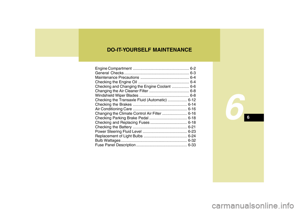 Hyundai Azera 2008 Owners Guide 6
Engine Compartment .................................................... 6-2
General Checks ............................................................ 6-3
Maintenance Precautions ..................