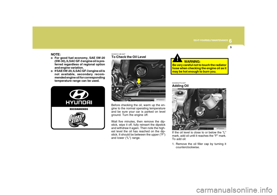 Hyundai Azera 2008 Owners Guide 6
DO-IT-YOURSELF MAINTENANCE
5
G030C01JM-AATTo Check the Oil LevelBefore checking the oil, warm up the en-
gine to the normal operating temperature
and be sure your car is parked on level
ground. Turn