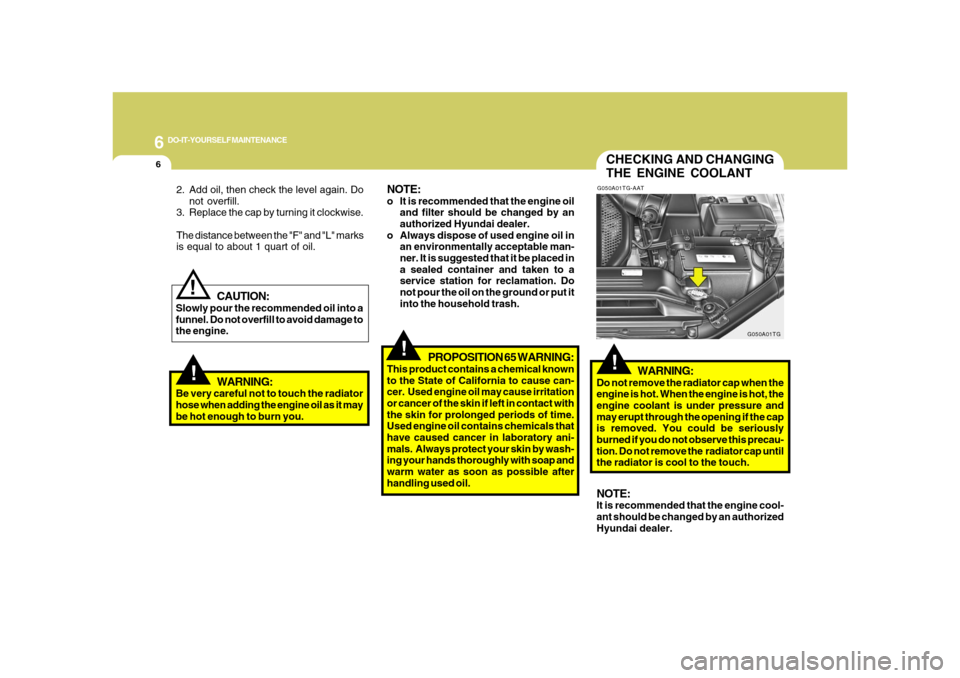 Hyundai Azera 2008 Owners Guide 6
DO-IT-YOURSELF MAINTENANCE
6
CHECKING AND CHANGING
THE ENGINE COOLANT!
G050A01TG-AAT
WARNING:
Do not remove the radiator cap when the
engine is hot. When the engine is hot, the
engine coolant is und