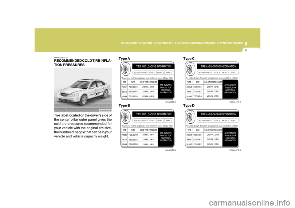 Hyundai Azera 2008 Owners Manual 8
CONSUMER INFORMATION, REPORTING SAFETY DEFECTS & BINDING ARBITRATION OF WARRANTY CLAIMS
3
I030A02TG-AATRECOMMENDED COLD TIRE INFLA-
TION PRESSURES
Tire label located on the drivers side of
the cent Hyundai Azera 2008 Owners Manual 8
CONSUMER INFORMATION, REPORTING SAFETY DEFECTS & BINDING ARBITRATION OF WARRANTY CLAIMS
3
I030A02TG-AATRECOMMENDED COLD TIRE INFLA-
TION PRESSURES
Tire label located on the drivers side of
the cent