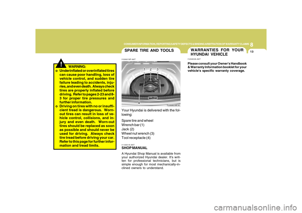 Hyundai Azera 2008  Owners Manual 8
CONSUMER INFORMATION, REPORTING SAFETY DEFECTS & BINDING ARBITRATION OF WARRANTY CLAIMS
13
!
SPARE TIRE AND TOOLSI100A01NF-AATYour Hyundai is delivered with the fol-
lowing:
Spare tire and wheel
Wre