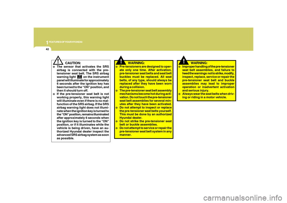 Hyundai Azera 2008  Owners Manual 1FEATURES OF YOUR HYUNDAI42
!
WARNING:
o Improper handling of the pre-tensioner
seat belt assemblies, and failure to
heed the warnings  not to strike, modify,
inspect, replace, service or repair the
p