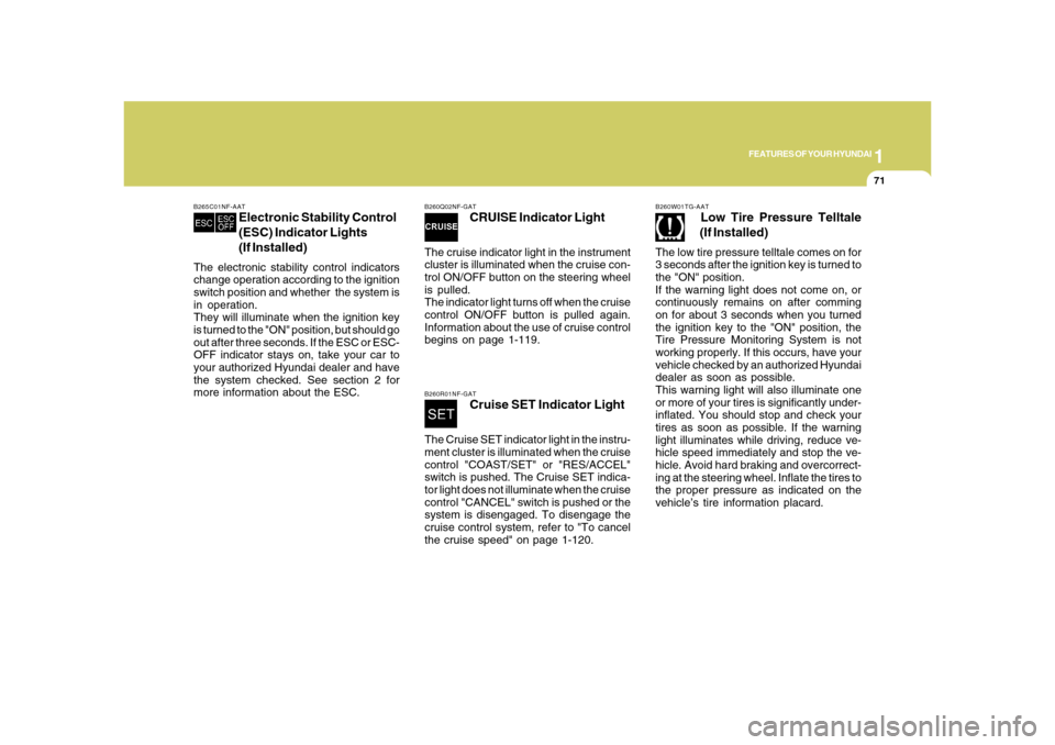 Hyundai Azera 2008  Owners Manual 1
FEATURES OF YOUR HYUNDAI
71
B260Q02NF-GAT
CRUISE Indicator Light
The cruise indicator light in the instrument
cluster is illuminated when the cruise con-
trol ON/OFF button on the steering wheel
is 