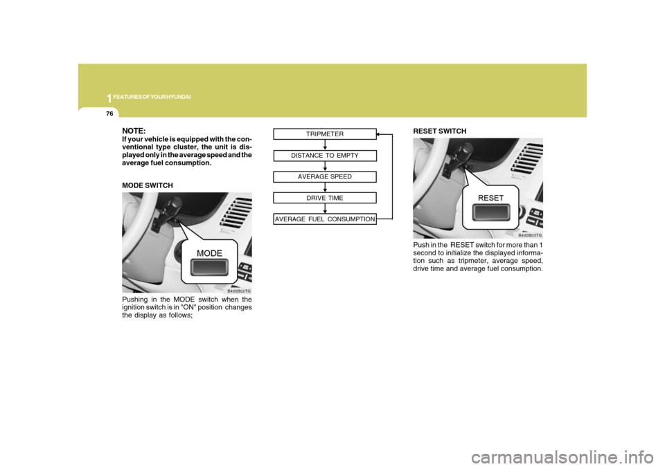 Hyundai Azera 2008 Manual Online 1FEATURES OF YOUR HYUNDAI76
Pushing in the MODE switch when the
ignition switch is in "ON" position changes
the display as follows;
B400B02TG
MODE SWITCHNOTE:If your vehicle is equipped with the con- Hyundai Azera 2008 Manual Online 1FEATURES OF YOUR HYUNDAI76
Pushing in the MODE switch when the
ignition switch is in "ON" position changes
the display as follows;
B400B02TG
MODE SWITCHNOTE:If your vehicle is equipped with the con-