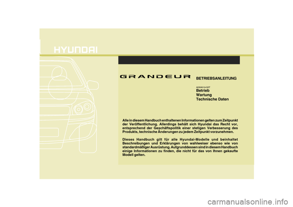 Hyundai Azera 2008  Betriebsanleitung (in German) F1
Alle in diesem Handbuch enthaltenen Informationen gelten zum Zeitpunkt der Veröffentlichung. Allerdings behält sich Hyundai das Recht vor,entsprechend der Geschäftspolitik einer stetigen Verbess