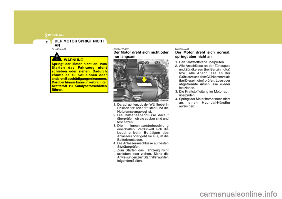 Hyundai Azera 2008 Betriebsanleitung (in German) 3IM NOTFALL
2
!
D010B01TG-AST Der Motor dreht sich nicht oder nur langsam
D010A01A-AST
1. Darauf achten, ob der Wählhebel inPosition "N" oder "P" steht und die Notbremse angelegt ist.
2. Die Batterie Hyundai Azera 2008 Betriebsanleitung (in German) 3IM NOTFALL
2
!
D010B01TG-AST Der Motor dreht sich nicht oder nur langsam
D010A01A-AST
1. Darauf achten, ob der Wählhebel inPosition "N" oder "P" steht und die Notbremse angelegt ist.
2. Die Batterie