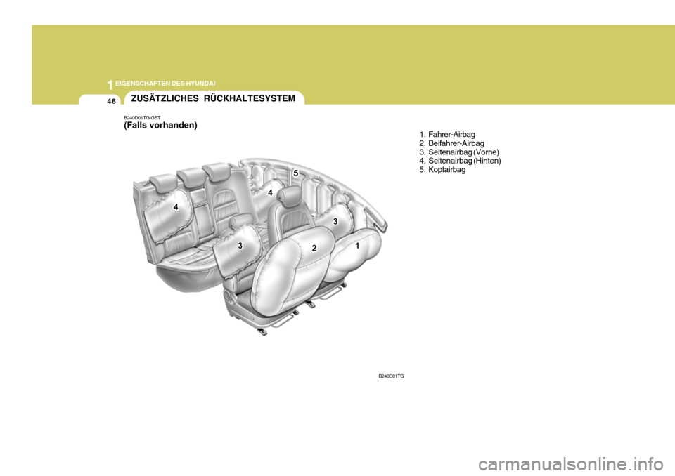 Hyundai Azera 2008 Betriebsanleitung (in German) 1EIGENSCHAFTEN DES HYUNDAI
48ZUSÄTZLICHES RÜCKHALTESYSTEM
1. Fahrer-Airbag
2. Beifahrer-Airbag
3. Seitenairbag (Vorne)
4. Seitenairbag (Hinten)
5. Kopfairbag
B240D01TG
B240D01TG-GST (Falls vorhan Hyundai Azera 2008 Betriebsanleitung (in German) 1EIGENSCHAFTEN DES HYUNDAI
48ZUSÄTZLICHES RÜCKHALTESYSTEM
1. Fahrer-Airbag
2. Beifahrer-Airbag
3. Seitenairbag (Vorne)
4. Seitenairbag (Hinten)
5. Kopfairbag
B240D01TG
B240D01TG-GST (Falls vorhan