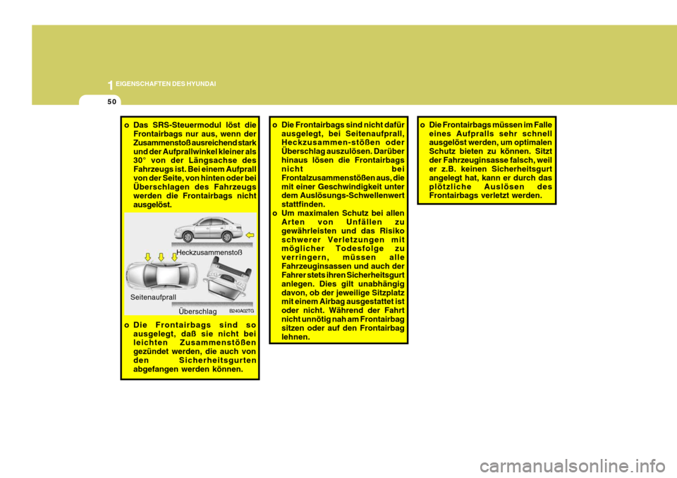 Hyundai Azera 2008 Betriebsanleitung (in German) 1EIGENSCHAFTEN DES HYUNDAI
50
o Die Frontairbags sind nicht dafür
ausgelegt, bei Seitenaufprall, Heckzusammen-stößen oder Überschlag auszulösen. Darüberhinaus lösen die Frontairbags nicht bei F Hyundai Azera 2008 Betriebsanleitung (in German) 1EIGENSCHAFTEN DES HYUNDAI
50
o Die Frontairbags sind nicht dafür
ausgelegt, bei Seitenaufprall, Heckzusammen-stößen oder Überschlag auszulösen. Darüberhinaus lösen die Frontairbags nicht bei F