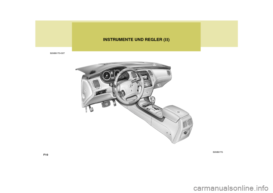 Hyundai Azera 2008 Betriebsanleitung (in German) F10INSTRUMENTE UND REGLER (
II)
B250B01TG-GST
B250B01TG Hyundai Azera 2008 Betriebsanleitung (in German) F10INSTRUMENTE UND REGLER (
II)
B250B01TG-GST
B250B01TG