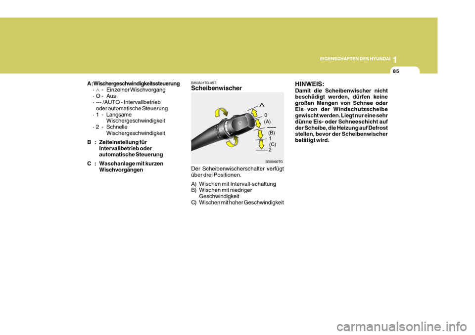 Hyundai Azera 2008 Betriebsanleitung (in German) 1
EIGENSCHAFTEN DES HYUNDAI
85
A : Wischergeschwindigkeitssteuerung ·
- Einzelner Wischvorgang
· O - Aus
· --- /AUTO - Intervallbetrieb oder automatische Steuerung
· 1 - Langsame Wischergeschwind Hyundai Azera 2008 Betriebsanleitung (in German) 1
EIGENSCHAFTEN DES HYUNDAI
85
A : Wischergeschwindigkeitssteuerung ·
- Einzelner Wischvorgang
· O - Aus
· --- /AUTO - Intervallbetrieb oder automatische Steuerung
· 1 - Langsame Wischergeschwind