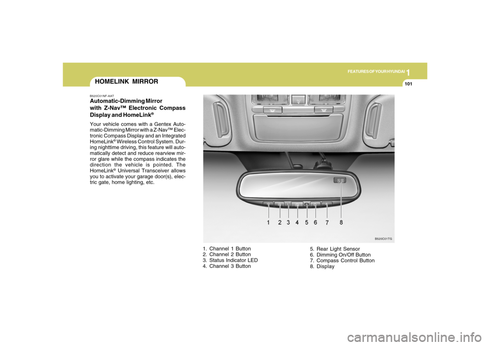 Hyundai Azera 2007  Owners Manual 1
FEATURES OF YOUR HYUNDAI
101
HOMELINK MIRRORB520C01NF-AATAutomatic-Dimming Mirror
with Z-Nav™ Electronic Compass
Display and HomeLink
®
Your vehicle comes with a Gentex Auto-
matic-Dimming Mirror