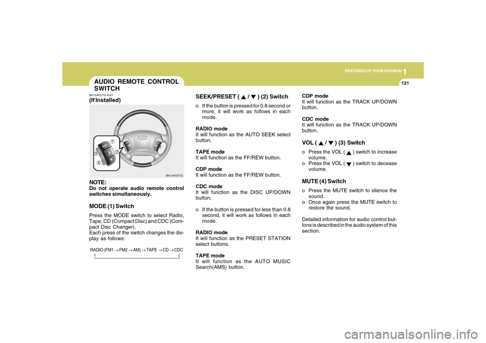 Hyundai Azera 2007 Owners Manual 1
FEATURES OF YOUR HYUNDAI
121
AUDIO REMOTE CONTROL
SWITCHB610A02TG-AAT(If Installed)
NOTE:Do not operate audio remote control
switches simultaneously.MODE (1) SwitchPress the MODE switch to select Ra Hyundai Azera 2007 Owners Manual 1
FEATURES OF YOUR HYUNDAI
121
AUDIO REMOTE CONTROL
SWITCHB610A02TG-AAT(If Installed)
NOTE:Do not operate audio remote control
switches simultaneously.MODE (1) SwitchPress the MODE switch to select Ra