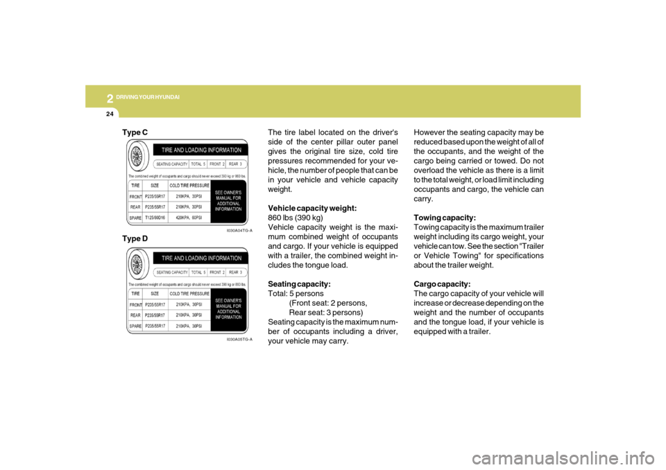 Hyundai Azera 2007  Owners Manual 2
DRIVING YOUR HYUNDAI
24
The tire label located on the drivers
side of the center pillar outer panel
gives the original tire size, cold tire
pressures recommended for your ve-
hicle, the number of p