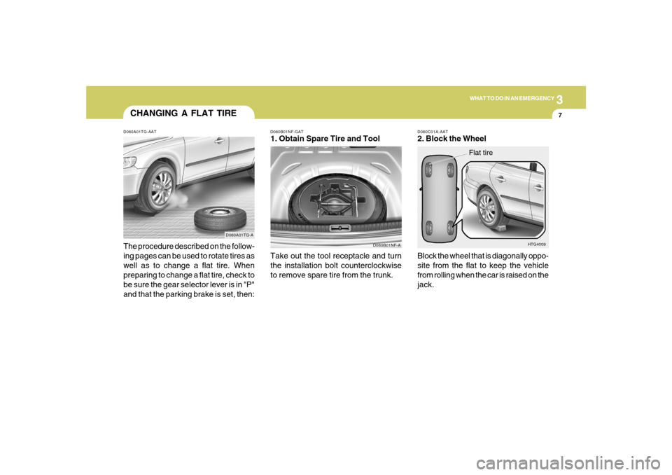 Hyundai Azera 2007 Owners Manual 3
WHAT TO DO IN AN EMERGENCY
7
CHANGING A FLAT TIRED060A01TG-AATThe procedure described on the follow-
ing pages can be used to rotate tires as
well as to change a flat tire. When
preparing to change Hyundai Azera 2007 Owners Manual 3
WHAT TO DO IN AN EMERGENCY
7
CHANGING A FLAT TIRED060A01TG-AATThe procedure described on the follow-
ing pages can be used to rotate tires as
well as to change a flat tire. When
preparing to change