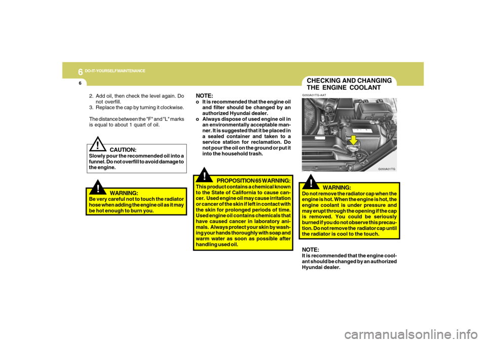 Hyundai Azera 2007 Owners Manual 6
DO-IT-YOURSELF MAINTENANCE
6
CHECKING AND CHANGING
THE ENGINE COOLANT!
G050A01TG-AAT
WARNING:
Do not remove the radiator cap when the
engine is hot. When the engine is hot, the
engine coolant is und Hyundai Azera 2007 Owners Manual 6
DO-IT-YOURSELF MAINTENANCE
6
CHECKING AND CHANGING
THE ENGINE COOLANT!
G050A01TG-AAT
WARNING:
Do not remove the radiator cap when the
engine is hot. When the engine is hot, the
engine coolant is und