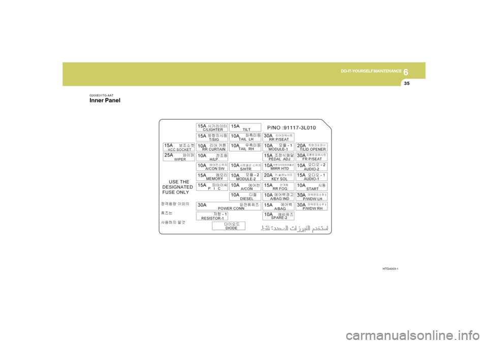 Hyundai Azera 2007  Owners Manual 6
DO-IT-YOURSELF MAINTENANCE
35
G200E01TG-AATInner Panel
HTG4003-1 
