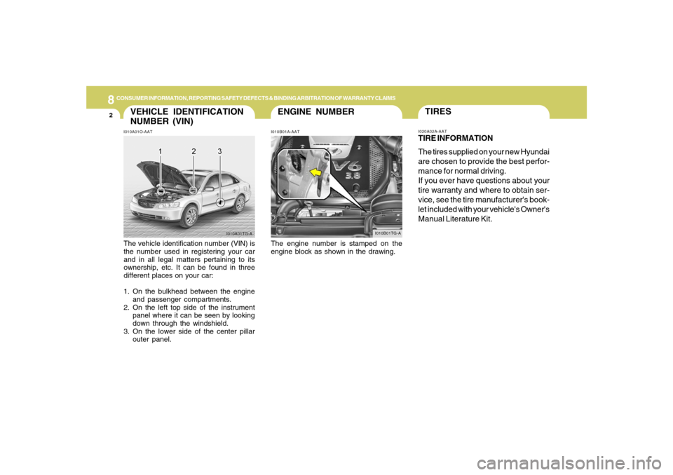 Hyundai Azera 2007  Owners Manual 8
CONSUMER INFORMATION, REPORTING SAFETY DEFECTS & BINDING ARBITRATION OF WARRANTY CLAIMS2
ENGINE NUMBER
VEHICLE IDENTIFICATION
NUMBER (VIN)
I010B01A-AAT I010A01O-AAT
The vehicle identification number