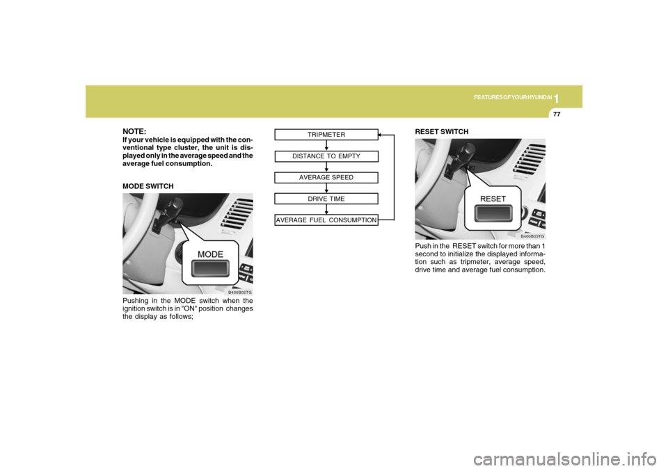 Hyundai Azera 2007 Owners Manual 1
FEATURES OF YOUR HYUNDAI
77
Pushing in the MODE switch when the
ignition switch is in "ON" position changes
the display as follows;
B400B02TG
MODE SWITCHNOTE:If your vehicle is equipped with the co Hyundai Azera 2007 Owners Manual 1
FEATURES OF YOUR HYUNDAI
77
Pushing in the MODE switch when the
ignition switch is in "ON" position changes
the display as follows;
B400B02TG
MODE SWITCHNOTE:If your vehicle is equipped with the co