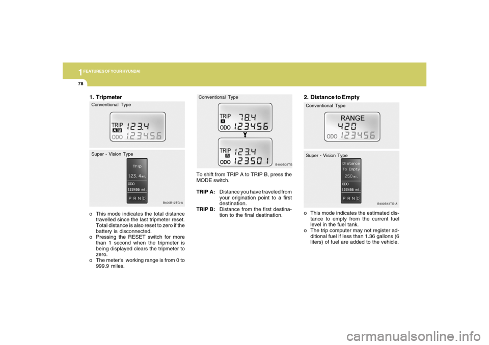 Hyundai Azera 2007 Owners Manual 1FEATURES OF YOUR HYUNDAI78
2. Distance to Emptyo This mode indicates the estimated dis-
tance to empty from the current fuel
level in the fuel tank.
o The trip computer may not register ad-
ditional Hyundai Azera 2007 Owners Manual 1FEATURES OF YOUR HYUNDAI78
2. Distance to Emptyo This mode indicates the estimated dis-
tance to empty from the current fuel
level in the fuel tank.
o The trip computer may not register ad-
ditional