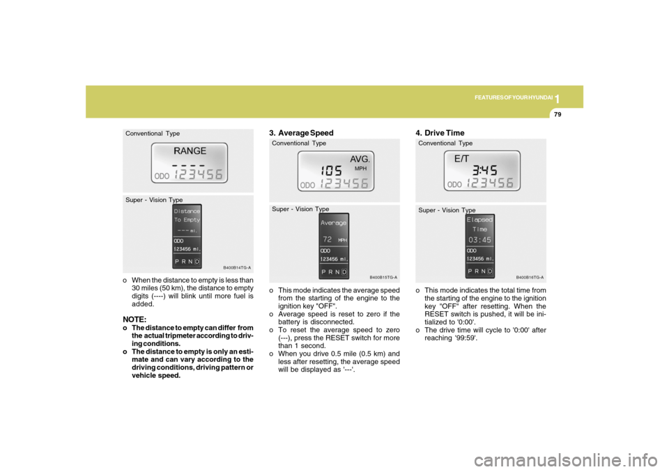 Hyundai Azera 2007 Owners Manual 1
FEATURES OF YOUR HYUNDAI
79
o When the distance to empty is less than
30 miles (50 km), the distance to empty
digits (----) will blink until more fuel is
added.NOTE:o The distance to empty can diffe Hyundai Azera 2007 Owners Manual 1
FEATURES OF YOUR HYUNDAI
79
o When the distance to empty is less than
30 miles (50 km), the distance to empty
digits (----) will blink until more fuel is
added.NOTE:o The distance to empty can diffe