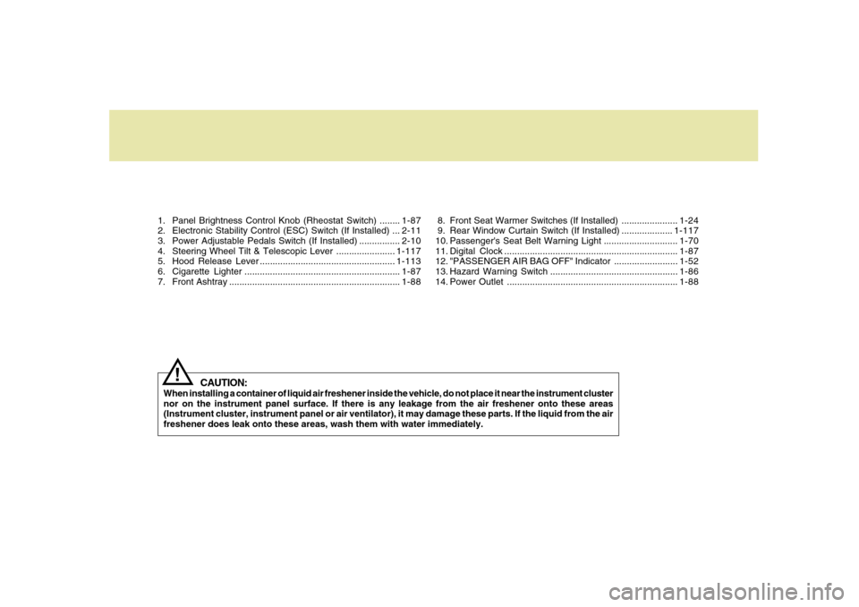 Hyundai Azera 2006 User Guide 1. Panel Brightness Control Knob (Rheostat Switch) ........1-87
2. Electronic Stability Control (ESC) Switch (If Installed) ...2-11
3. Power Adjustable Pedals Switch (If Installed) ................2-1 Hyundai Azera 2006 User Guide 1. Panel Brightness Control Knob (Rheostat Switch) ........1-87
2. Electronic Stability Control (ESC) Switch (If Installed) ...2-11
3. Power Adjustable Pedals Switch (If Installed) ................2-1