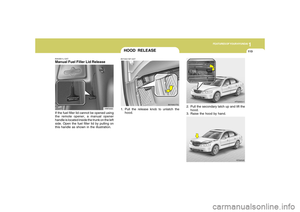 Hyundai Azera 2006  Owners Manual 1
FEATURES OF YOUR HYUNDAI
113
B560B01L-GATManual Fuel Filler Lid ReleaseIf the fuel filler lid cannot be opened using
the remote opener, a manual opener
handle is located inside the trunk on the left