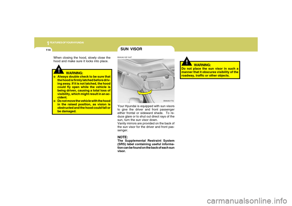 Hyundai Azera 2006  Owners Manual 1FEATURES OF YOUR HYUNDAI
114
!
WARNING:
Do not place the sun visor in such a
manner that it obscures visibility of the
roadway, traffic or other objects.
SUN VISORB580A01NF-GATYour Hyundai is equippe