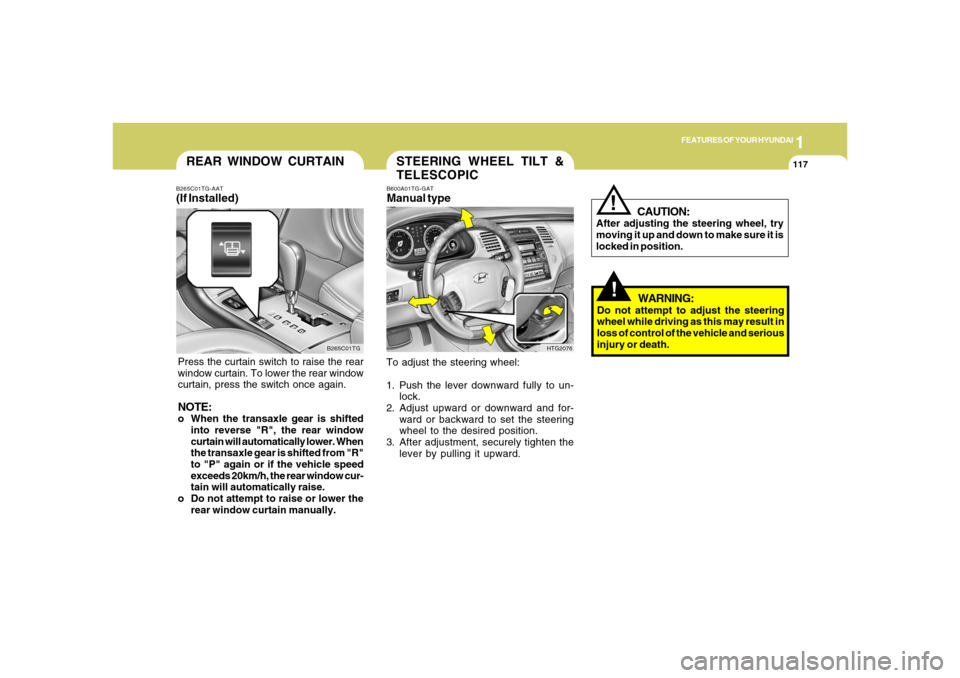 Hyundai Azera 2006  Owners Manual 1
FEATURES OF YOUR HYUNDAI
117
REAR WINDOW CURTAIN
B265C01TG B265C01TG-AAT
(If Installed)Press the curtain switch to raise the rear
window curtain. To lower the rear window
curtain, press the switch o