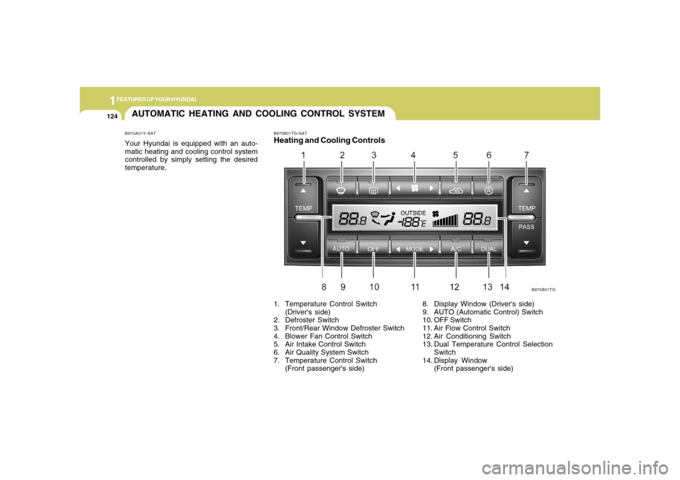 Hyundai Azera 2006  Owners Manual 1FEATURES OF YOUR HYUNDAI
124
AUTOMATIC HEATING AND COOLING CONTROL SYSTEMB970A01Y-AATYour Hyundai is equipped with an auto-
matic heating and cooling control system
controlled by simply setting the d