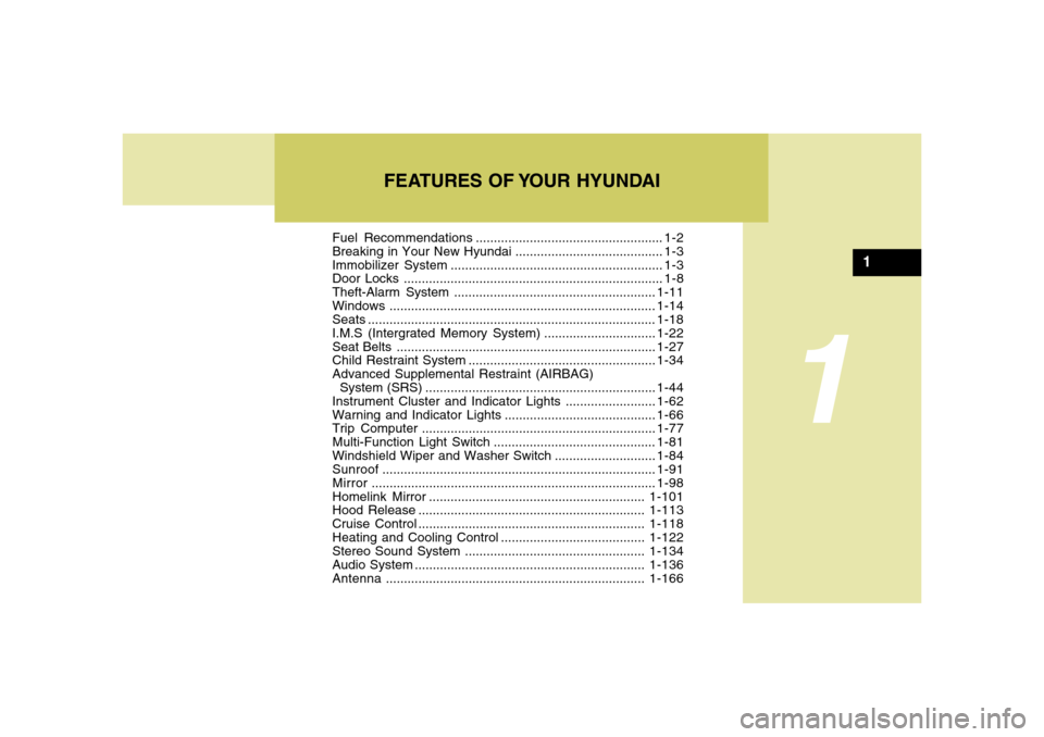 Hyundai Azera 2006  Owners Manual 1
Fuel Recommendations.................................................... 1-2
Breaking in Your New Hyundai......................................... 1-3
Immobilizer System.............................