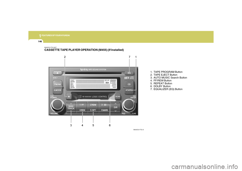 Hyundai Azera 2006  Owners Manual 1FEATURES OF YOUR HYUNDAI
146
M455C01TG-GATCASSETTE TAPE PLAYER OPERATION (M455) (If Installed)
1. TAPE PROGRAM Button
2. TAPE EJECT Button
3. AUTO MUSIC Search Button
4. FF/REW Button
5. REPEAT Butto