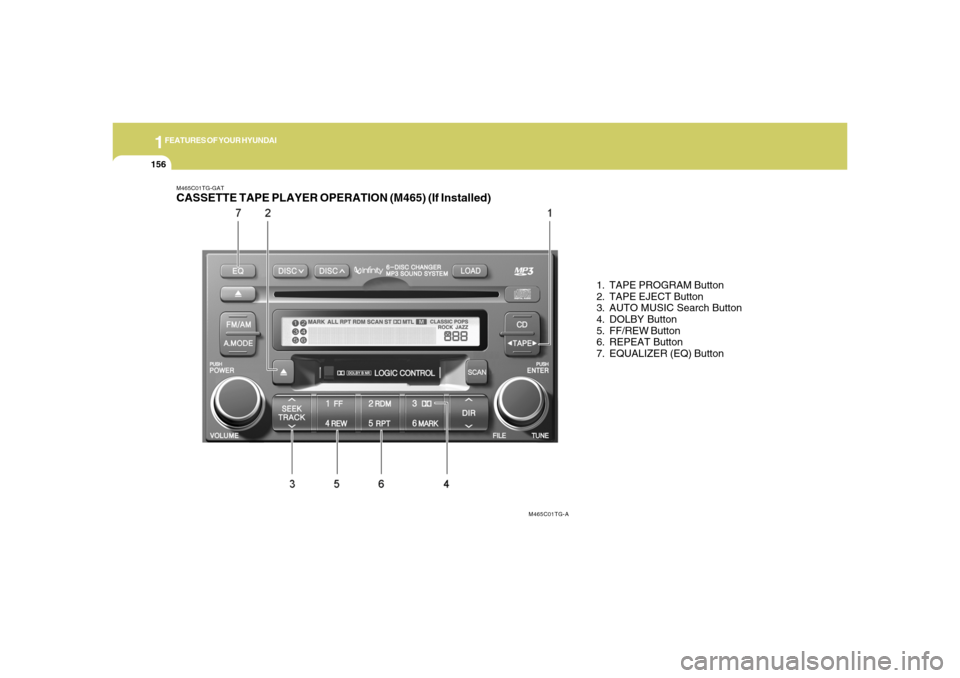 Hyundai Azera 2006  Owners Manual 1FEATURES OF YOUR HYUNDAI
156
M465C01TG-GATCASSETTE TAPE PLAYER OPERATION (M465) (If Installed)
1. TAPE PROGRAM Button
2. TAPE EJECT Button
3. AUTO MUSIC Search Button
4. DOLBY Button
5. FF/REW Button