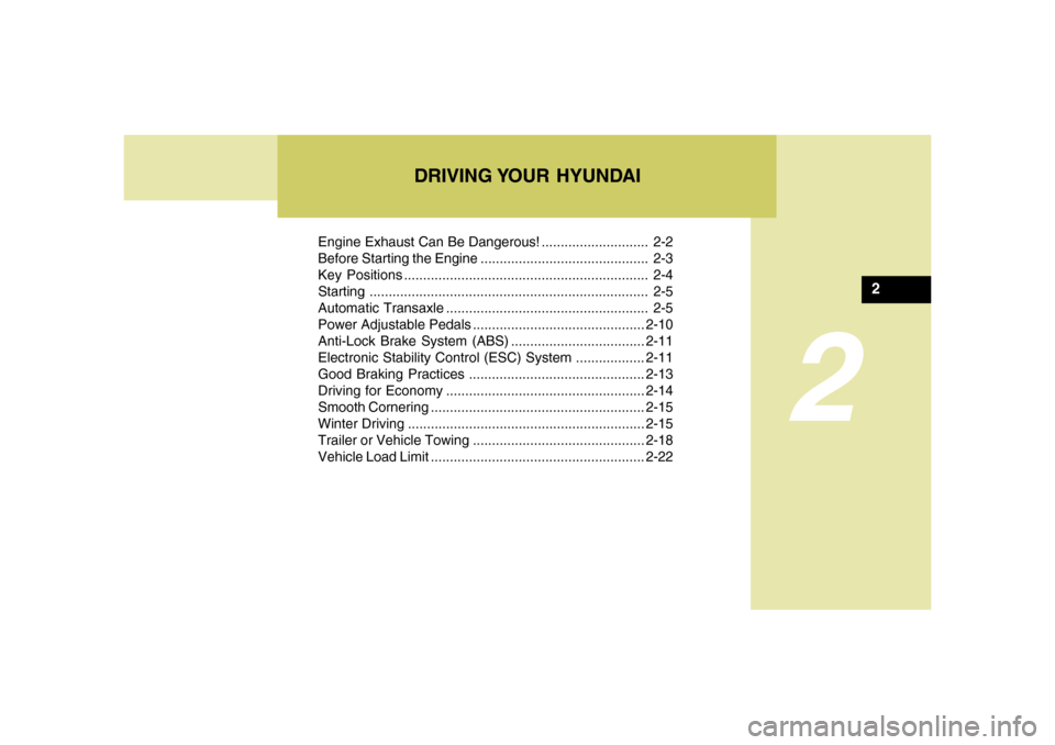 Hyundai Azera 2006  Owners Manual DRIVING YOUR  HYUNDAI
2
Engine Exhaust Can Be Dangerous! ............................ 2-2
Before Starting the Engine ............................................ 2-3
Key Positions ....................