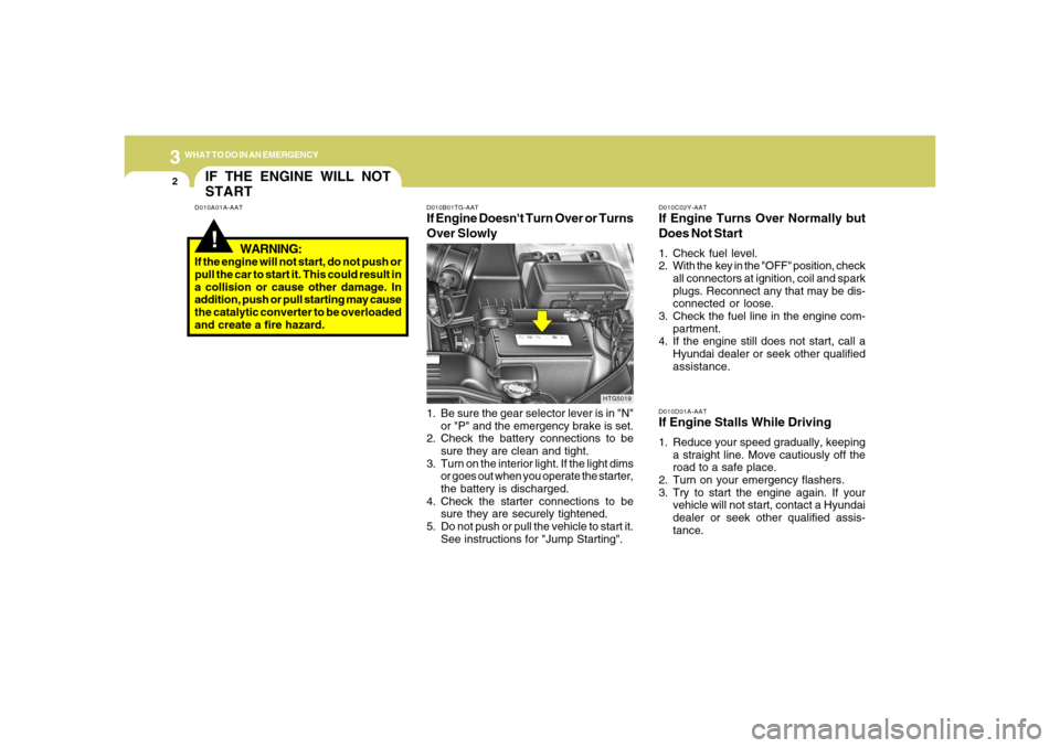 Hyundai Azera 2006  Owners Manual 32WHAT TO DO IN AN EMERGENCY
IF THE ENGINE WILL NOT
START!
D010A01A-AATD010B01TG-AAT
If Engine Doesnt Turn Over or Turns
Over Slowly
D010C02Y-AATIf Engine Turns Over Normally but
Does Not Start1. Che