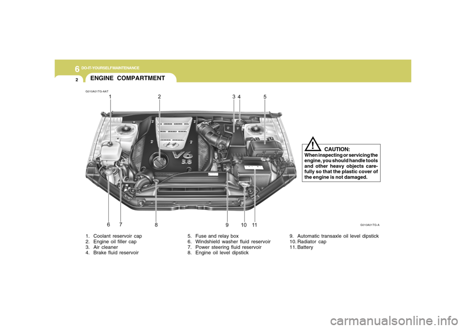 Hyundai Azera 2006 Owners Manual 6
DO-IT-YOURSELF MAINTENANCE
2
G010A01TG-AATENGINE COMPARTMENT
G010A01TG-A
CAUTION:
When inspecting or servicing the
engine, you should handle tools
and other heavy objects care-
fully so that the pla Hyundai Azera 2006 Owners Manual 6
DO-IT-YOURSELF MAINTENANCE
2
G010A01TG-AATENGINE COMPARTMENT
G010A01TG-A
CAUTION:
When inspecting or servicing the
engine, you should handle tools
and other heavy objects care-
fully so that the pla