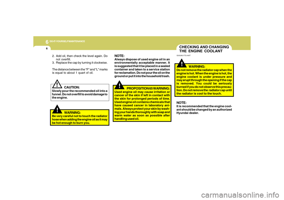 Hyundai Azera 2006 Owners Manual 6
DO-IT-YOURSELF MAINTENANCE
6
CHECKING AND CHANGING
THE ENGINE COOLANT!
G050A01TG-AAT
WARNING:
Do not remove the radiator cap when the
engine is hot. When the engine is hot, the
engine coolant is und Hyundai Azera 2006 Owners Manual 6
DO-IT-YOURSELF MAINTENANCE
6
CHECKING AND CHANGING
THE ENGINE COOLANT!
G050A01TG-AAT
WARNING:
Do not remove the radiator cap when the
engine is hot. When the engine is hot, the
engine coolant is und