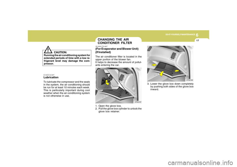Hyundai Azera 2006  Owners Manual 6
DO-IT-YOURSELF MAINTENANCE
17
3. Lower the glove box down completely
by pushing both sides of the glove box
inward.
HTG2168
CHANGING THE AIR
CONDITIONER FILTERB145A01TG-AAT(For Evaporator and Blower