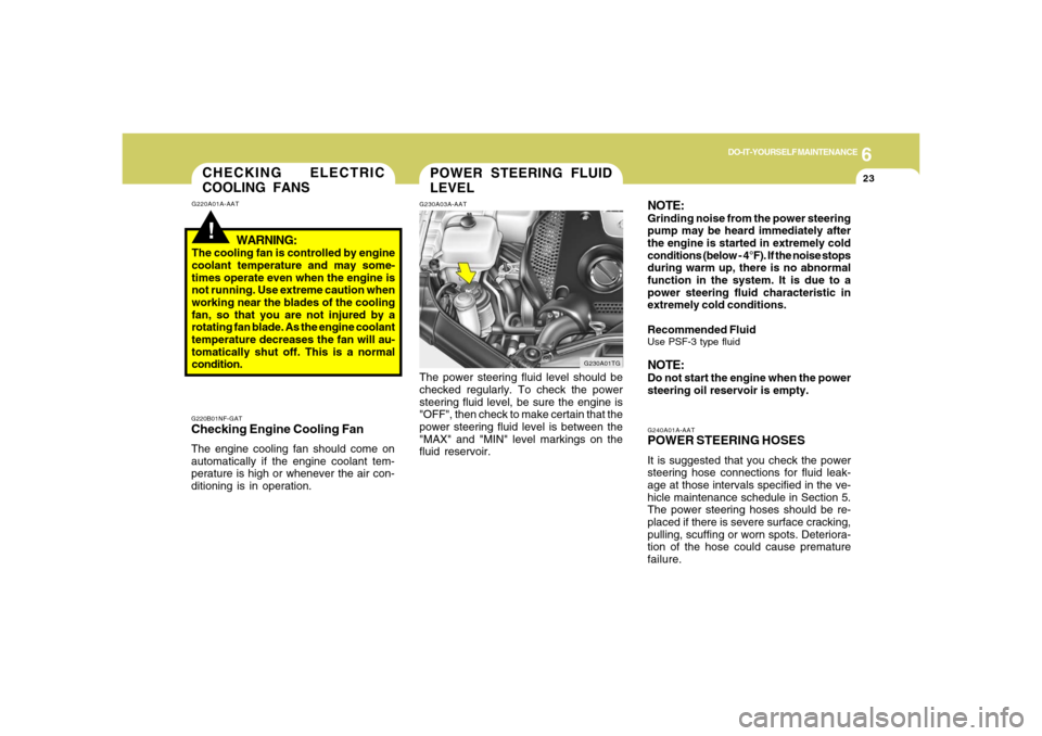 Hyundai Azera 2006  Owners Manual 6
DO-IT-YOURSELF MAINTENANCE
23
POWER STEERING FLUID
LEVELG230A03A-AAT
G230A01TG
The power steering fluid level should be
checked regularly. To check the power
steering fluid level, be sure the engine