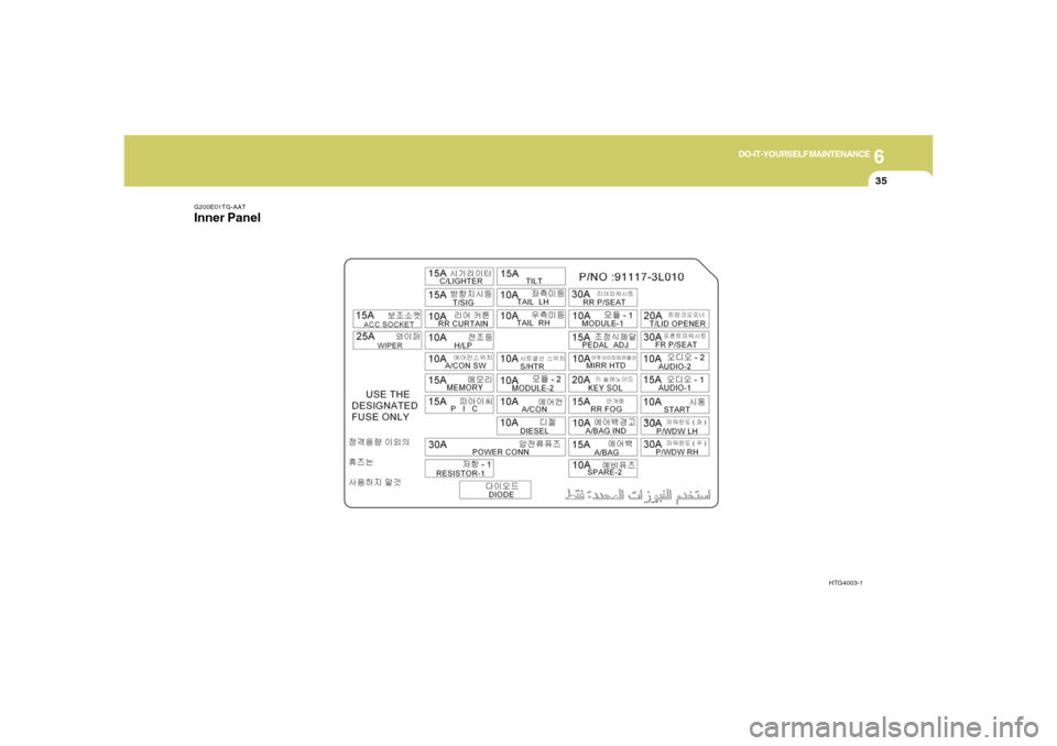 Hyundai Azera 2006  Owners Manual 6
DO-IT-YOURSELF MAINTENANCE
35
G200E01TG-AATInner Panel
HTG4003-1 