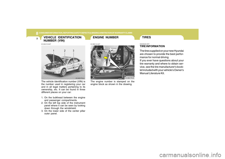 Hyundai Azera 2006  Owners Manual 8
CONSUMER INFORMATION, REPORTING SAFETY DEFECTS & BINDING ARBITRATION OF WARRANTY CLAIMS2
ENGINE NUMBER
VEHICLE IDENTIFICATION
NUMBER (VIN)
I010B01A-AAT I010A01O-AAT
The vehicle identification number