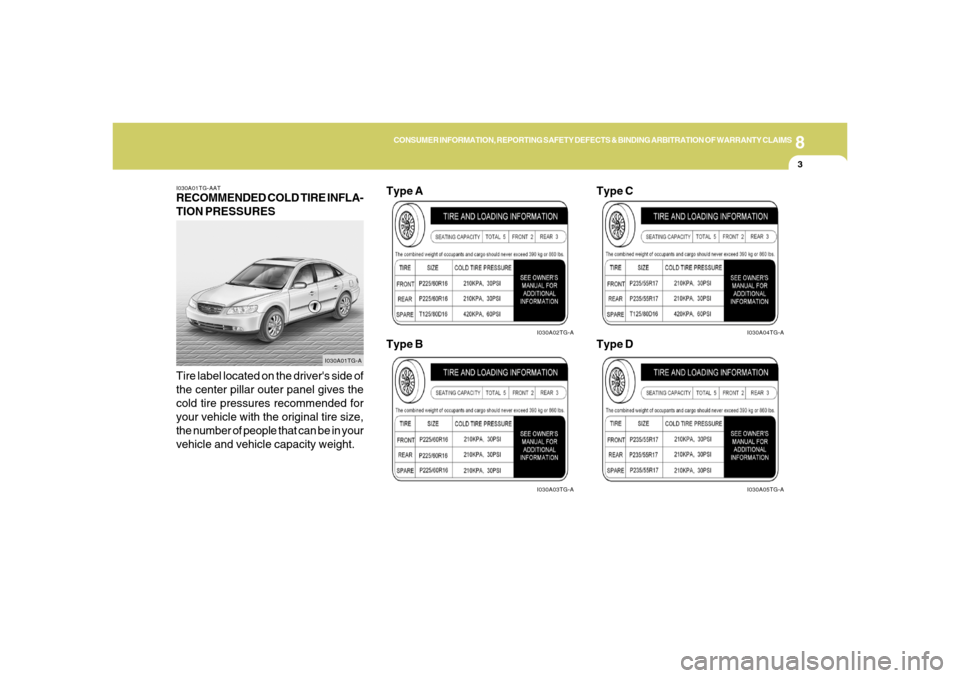 Hyundai Azera 2006  Owners Manual 8
CONSUMER INFORMATION, REPORTING SAFETY DEFECTS & BINDING ARBITRATION OF WARRANTY CLAIMS
3
I030A01TG-AATRECOMMENDED COLD TIRE INFLA-
TION PRESSURES
Tire label located on the drivers side of
the cent